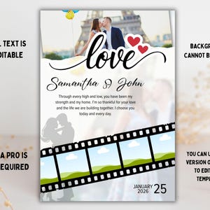 May include: A wedding invitation template with the word "love" in elegant script. The design includes a photo of a couple, red hearts, and the names "Samantha & John." The date "January 25, 2026" is also displayed. The text "All text is editable" is visible.