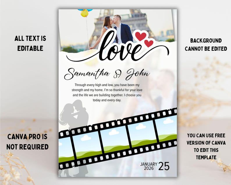 May include: A wedding invitation template with the word "love" in elegant script. The design includes a photo of a couple, red hearts, and the names "Samantha & John." The date "January 25, 2026" is also displayed. The text "All text is editable" is visible.