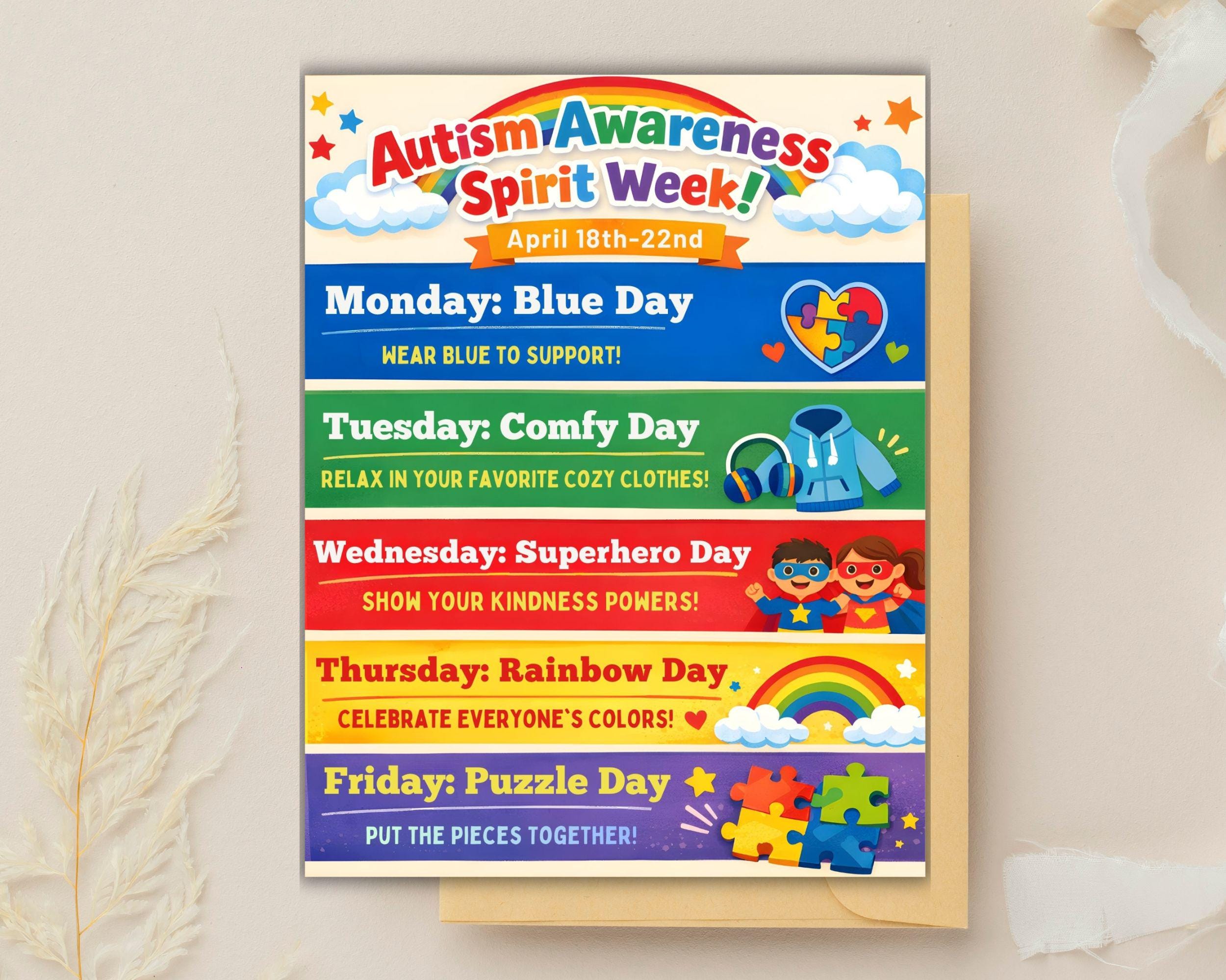Autism Awareness Spirit Week Itinerary: Editable CANVA Template, Kids ...