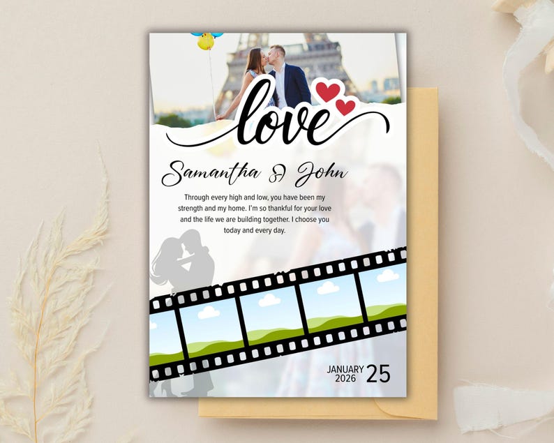 May include: Wedding invitation featuring a photo of a couple kissing in front of the Eiffel Tower. The word "love" is written in cursive above the couple's names, with red heart accents. The date is January 25, 2026.