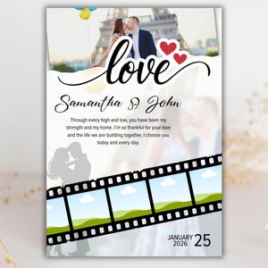 May include: A wedding invitation with the word "love" in cursive, featuring a photo of a couple kissing in front of the Eiffel Tower. The invitation includes the names "Samantha & John", a heartfelt message, and the date January 25, 2026.