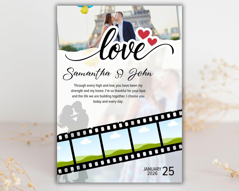 May include: A wedding invitation with the word "love" in cursive, featuring a photo of a couple kissing in front of the Eiffel Tower. The invitation includes the names "Samantha & John", a heartfelt message, and the date January 25, 2026.