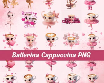 Kawaii Ballerina Cappuccina PNG, Cute Latte Coffee Cup Ballerina Clipart, Pink Tutu Dance Cartoon, Sublimation Bundle, Instant Download