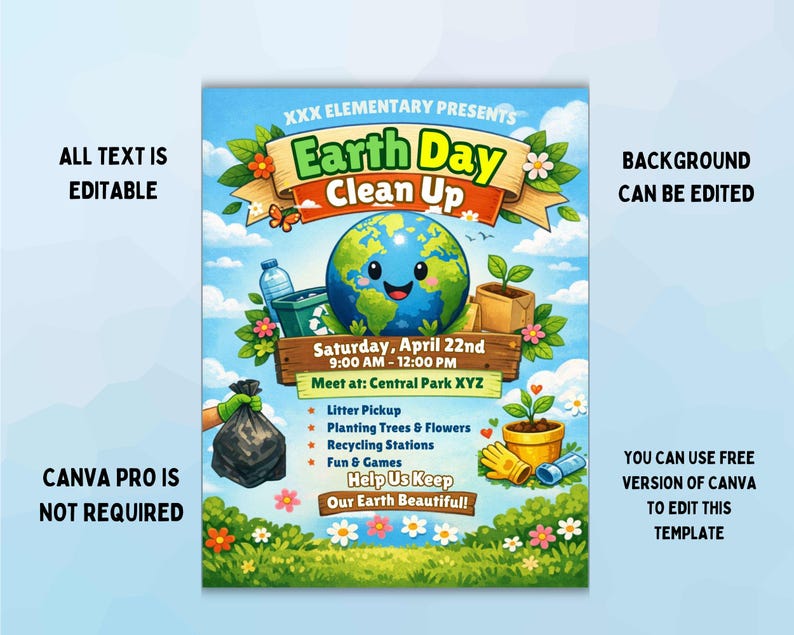 Earth Day Clean up Flyer Template | School Cleanup Flyer | PTA Event ...
