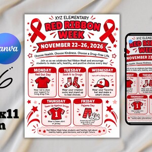 Op de afbeelding: Een flyer en smartphonescherm met het schema voor de XYZ Elementary Red Ribbon Week van 22-26 november 2026. Het ontwerp bevat rode linten, dagelijkse thema's en de tekst 8.5x11 in met een Canva-logo.