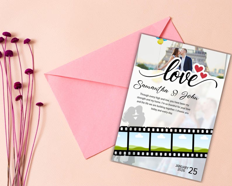May include: A wedding invitation with a photo of a couple kissing in front of the Eiffel Tower, the word "love" in cursive, and the names "Samantha & John." The invitation is on a light pink background with a matching envelope and decorative flowers.