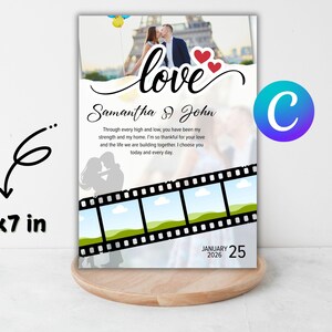 May include: A 5x7 inch wedding photo print with the word "love" in cursive. The print includes a photo of a couple, the names "Samantha & John", and a heartfelt message. The date "January 25, 2026" is also displayed.