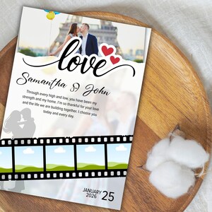 May include: A wedding announcement with a photo of a couple kissing in front of the Eiffel Tower. The word "love" is written in cursive, with the names "Samantha & John" below. The date "January 25, 2026" is at the bottom.