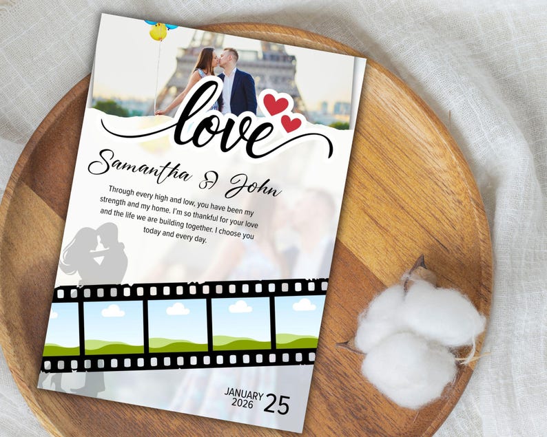 May include: A wedding announcement with a photo of a couple kissing in front of the Eiffel Tower. The word "love" is written in cursive, with the names "Samantha & John" below. The date "January 25, 2026" is at the bottom.
