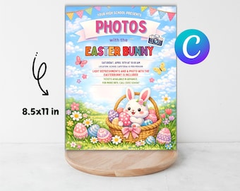 Fotos con plantilla de volante de conejito de Pascua, imágenes de invitación de conejito de Pascua, volante de recaudación de fondos para la escuela de Pascua, búsqueda de huevos de Pascua, Canva editable