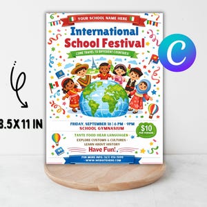 Könnte beinhalten: Ein farbenfrohes Poster im Format 21,6 x 27,9 cm für ein Internationales Schulfest. Es zeigt Kinder aus verschiedenen Ländern um einen Globus, mit dem Text "International School Festival" und Veranstaltungsdetails.