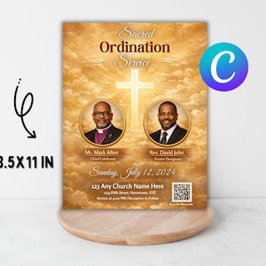 May include: An 8.5 x 11 inch invitation for a Sacred Ordination Service. The design features a golden background with a cross and two portraits. The text includes the date, time, and church information.