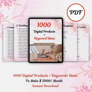 Puede incluir: Imagen que promociona un paquete de productos digitales con el texto "1000 Productos Digitales + Ideas de Palabras Clave Para Ganar $5000/Mes." La imagen incluye una tableta, un icono PDF y listas de productos imprimibles e invitaciones de boda. También es visible el texto "Para vender en 2026".