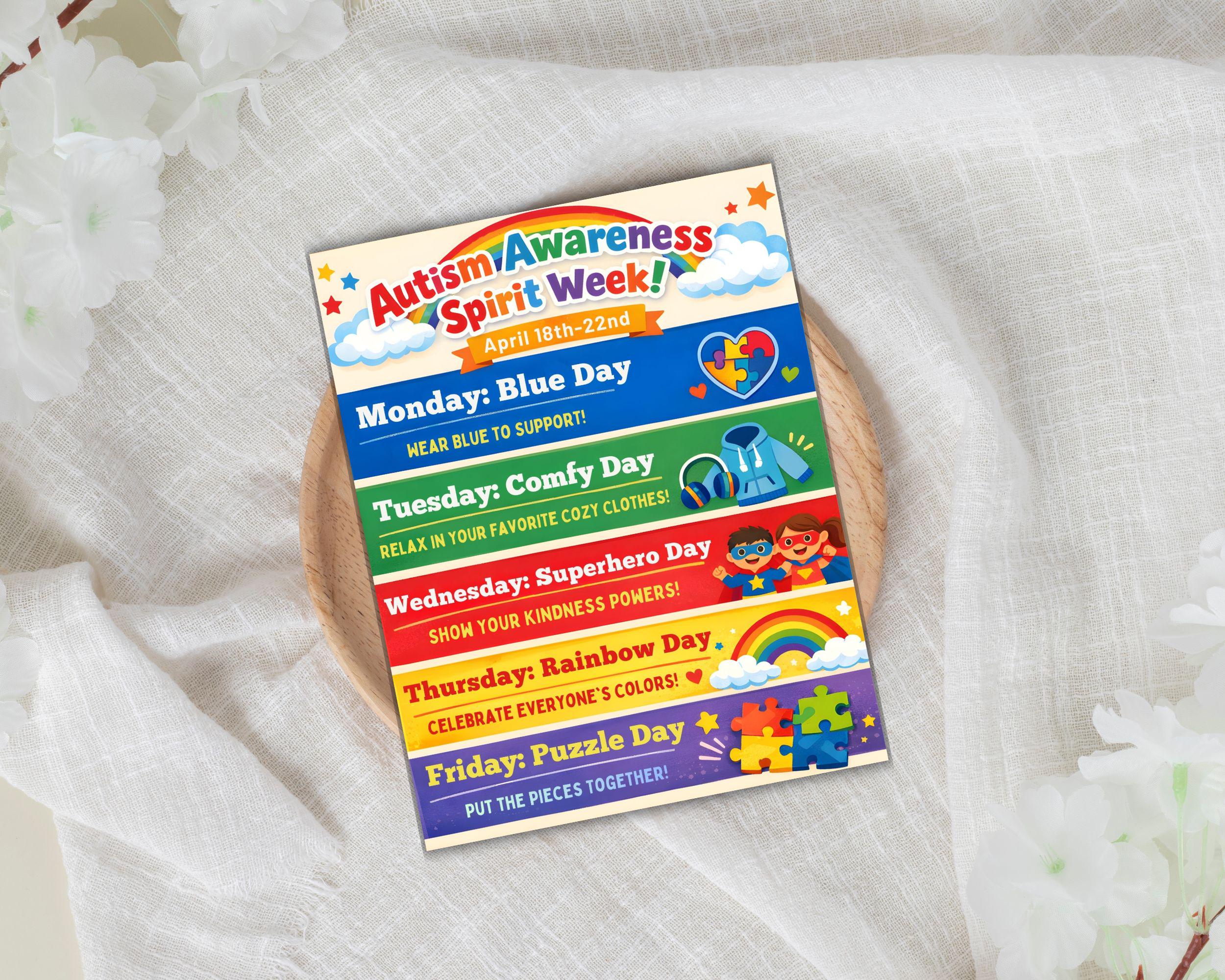 Autism Awareness Spirit Week Itinerary: Editable CANVA Template, Kids ...