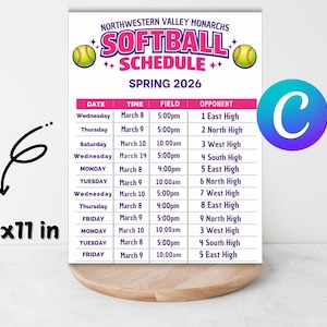 Puede incluir: Un calendario de softbol para los Northwestern Valley Monarchs, primavera de 2026, impreso en una hoja de 21,6 x 27,9 cm. El calendario incluye fechas, horarios, campos y oponentes. El diseño presenta acentos rosas y morados con gráficos de softbol.