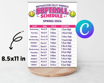 Editable Softball Schedule Template | Girls Sports Practice Planner (Canva, Digital Download)