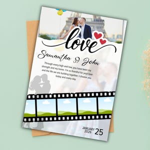 May include: A wedding invitation featuring a photo of a couple kissing in front of the Eiffel Tower. The word "love" is written in cursive above the couple. The names "Samantha & John" are below the word "love". The date "January 25, 2026" is at the bottom.