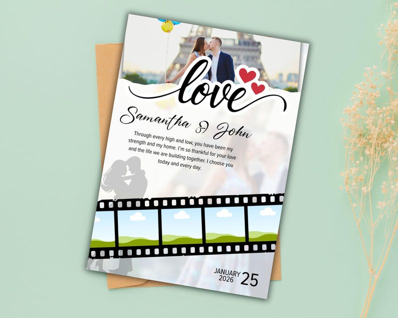 May include: A wedding invitation featuring a photo of a couple kissing in front of the Eiffel Tower. The word "love" is written in cursive above the couple. The names "Samantha & John" are below the word "love". The date "January 25, 2026" is at the bottom.
