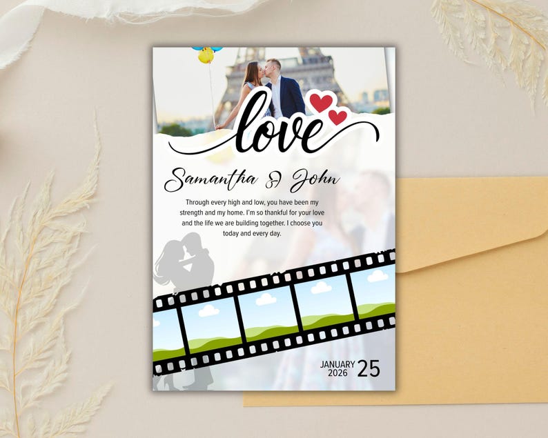 May include: A wedding invitation with the word "love" in cursive script. The invitation features a photo of a couple kissing in front of the Eiffel Tower, with the names "Samantha & John" below. The date "January 25, 2026" is also displayed.