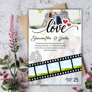 May include: A wedding invitation with a photo of a couple kissing in front of the Eiffel Tower. The word "love" is written in cursive, with the names "Samantha & John" below. The date "January 25, 2026" is at the bottom.