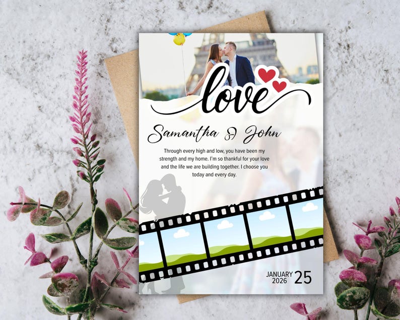 May include: A wedding invitation with a photo of a couple kissing in front of the Eiffel Tower. The word "love" is written in cursive, with the names "Samantha & John" below. The date "January 25, 2026" is at the bottom.