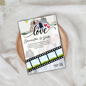 May include: A wedding invitation featuring a photo of a couple kissing in front of the Eiffel Tower. The word "love" is written in cursive, with the names "Samantha & John" below. The date "January 25, 2026" is also visible.