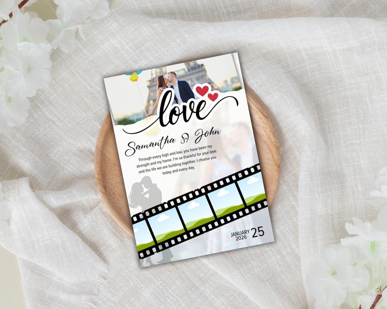 May include: A wedding invitation featuring a photo of a couple kissing in front of the Eiffel Tower. The word "love" is written in cursive, with the names "Samantha & John" below. The date "January 25, 2026" is also visible.