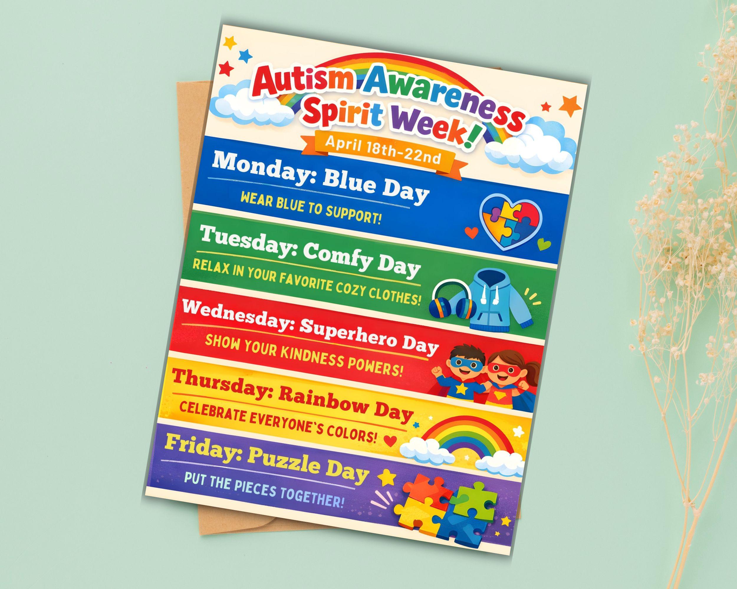 Autism Awareness Spirit Week Itinerary: Editable CANVA Template, Kids ...
