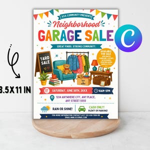 Könnte beinhalten: Ein farbenfrohes Flyer im Format 21 x 28 cm für einen Nachbarschafts-Garagenverkauf. Das Design enthält den Text "Neighborhood GARAGE SALE" mit Illustrationen von Möbeln, Kleidung und Spielzeug. Der Flyer enthält Datum, Uhrzeit und Adresse.