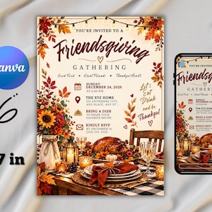 Inbjudan till vänskapsmiddag, inbjudan till höstens Thanksgiving-fest, höstens skörd, knytkalasmiddag, pumpapaj, Canva-mall