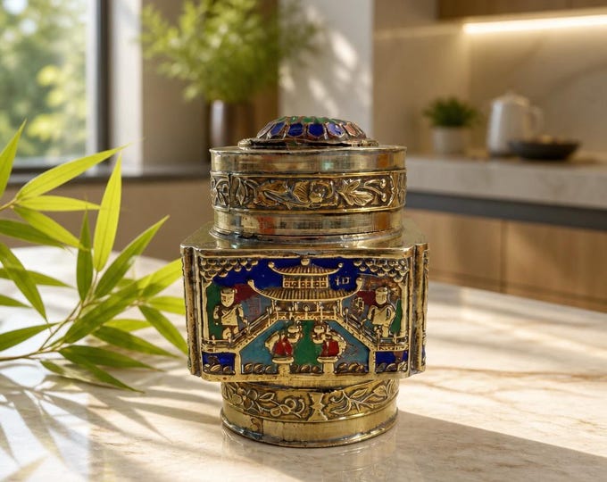 Antique Chinese brass and enameled tea tin
