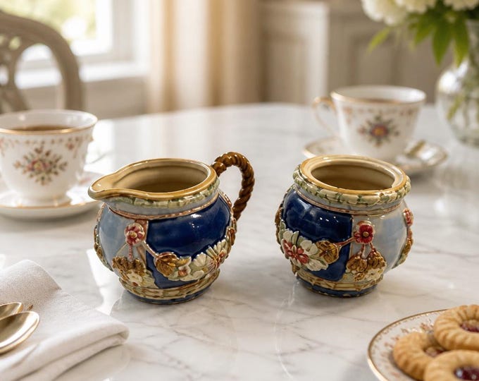 Majolica style Wanjiang glazed pottery ceramic creamer and sugar set