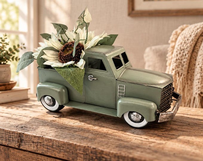 Vintage metal truck planter with faux sunflowers 7” x 12”