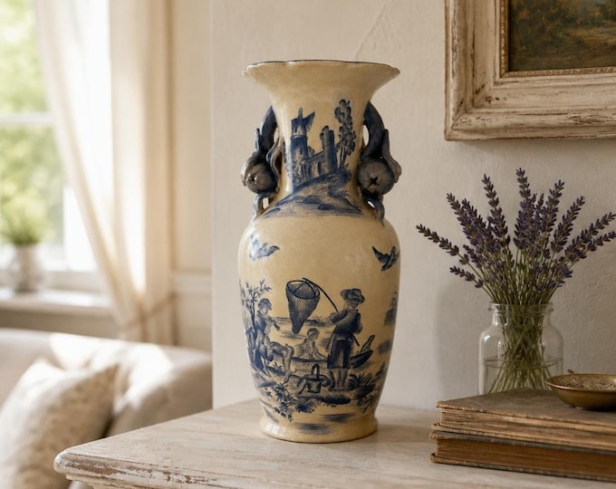 Antique English Staffordshire earthenware glazed ceramic vase with bulb handles 14”