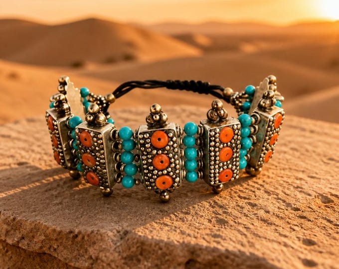 Hand-made Tibetan/Nepalese beaded turquoise and coral segmented bracelet