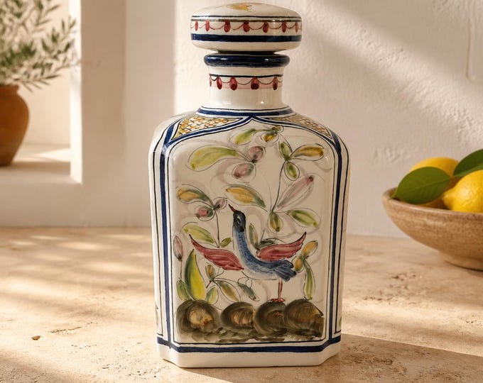 Vintage hand painted ceramic decanter from Portugal 7.5” x 4”