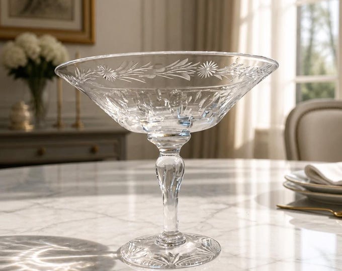Vintage Stuart Crystal pattern footed glass compote 6” tall x 7.5”
