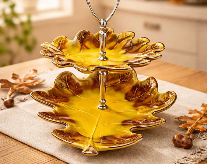 Vintage California Pottery two-tiered Autumn Leaf serving stand