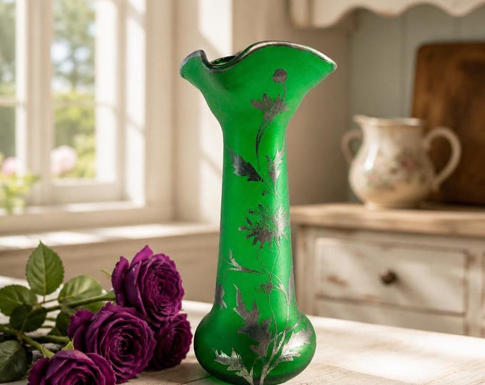 Antique Victorian hand-painted Art Nuveau art glass vase with pewter filigree detail