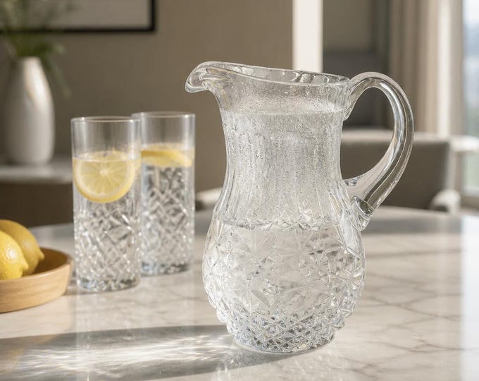 Vintage Bohemian heavy lead crystal pitcher with frosted leaves 9” x 7”