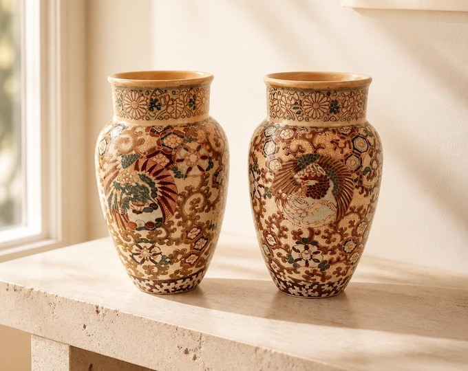 PAIR of Vintage Japanese Satsuma hand-painted enameled vases- 10”