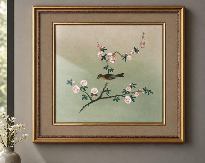 Vintage Chinese bird and cherry blossom painting 21” x 17”