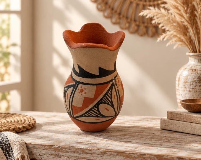 Vintage signed F.C. Jemez small geometric Pueblo hand-painted pottery vase 3-3/4” x 2.5”