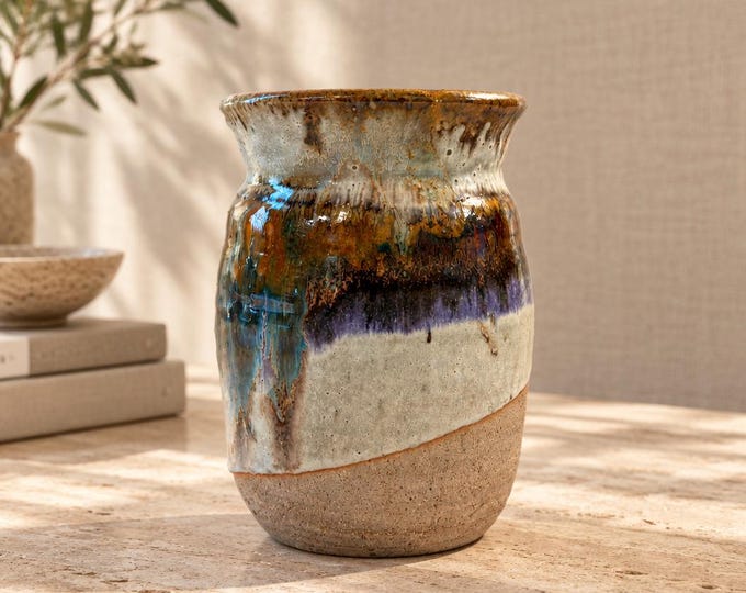 Vintage studio art pottery, artist signed multicolor drip glaze 6” x 5”
