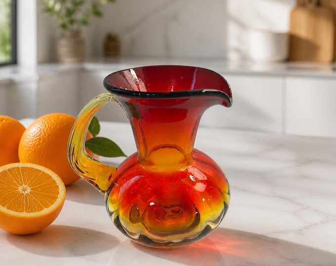 Vintage Blenko Amberina art glass pitcher 6.5” x 6.5”