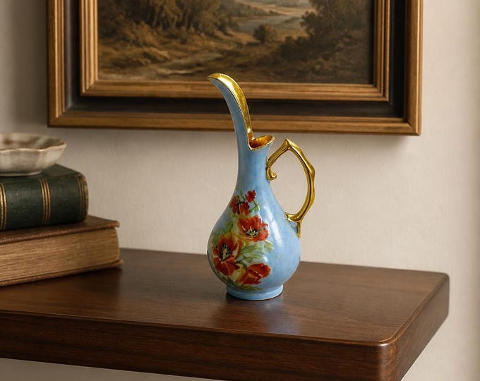 Vintage hand-painted porcelain pitcher poppies gold trim