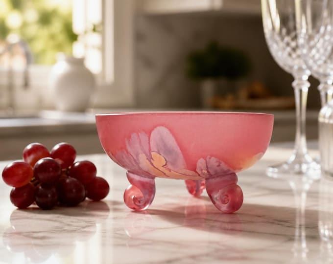 Vintage Rueven Art Nuveau style hand-painted frosted art glass footed bowl