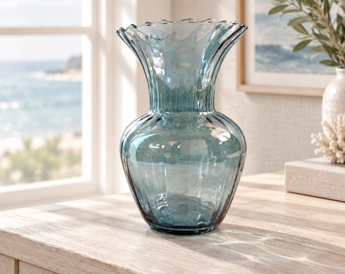 Vintage iridescent blue-gray vase with ribbed detail and ruffle rim 6.5” x 4.5”