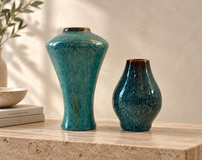 Vintage pair of MCM studio pottery vases with specked teal glaze 6” and 4.5