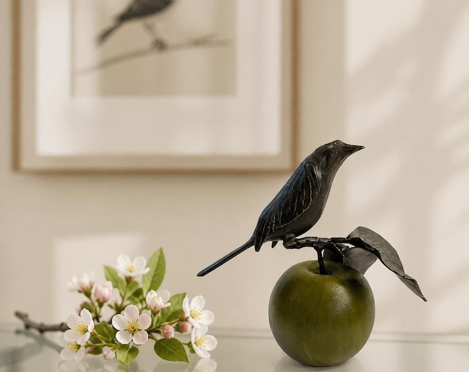 Unique metal bird on apple statue 6” x 6.5”